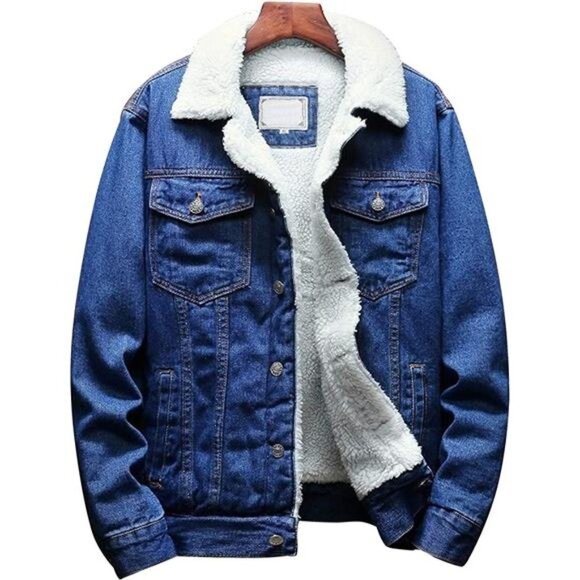 Men's Lapel Sherpa Fleece Lined Thicken Denim Jean Trucker Jacket Coats